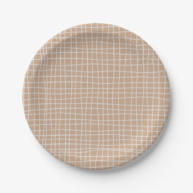 Irregular Grid Optical Illusion White Line Squares Paper Plates (Front)