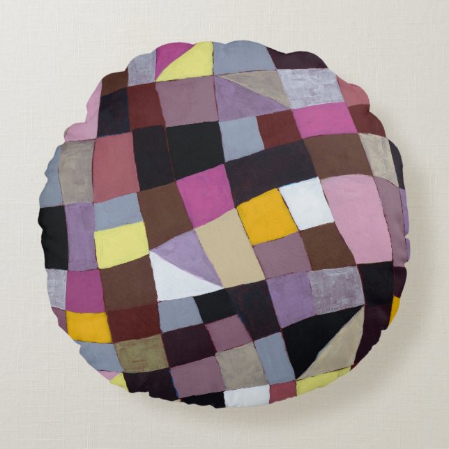 Irregular Grid: Violet-Yellow Abstract Painting. Round Pillow (Front)