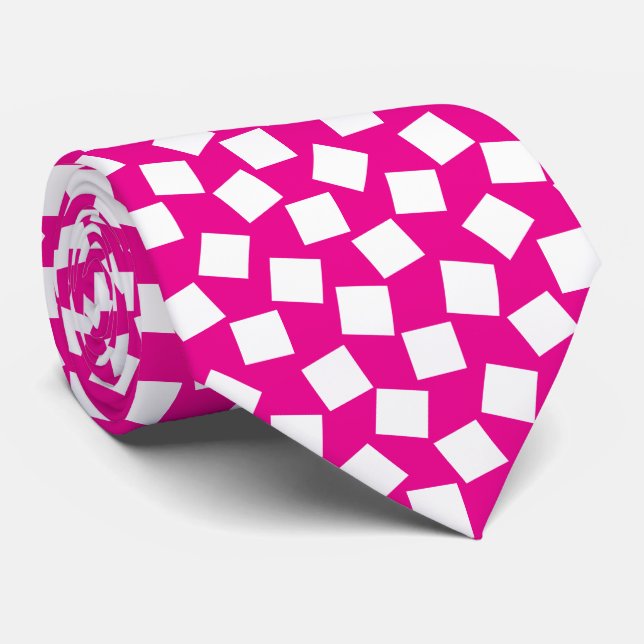 Irregular Squares - White on Hot Pink Neck Tie (Rolled)
