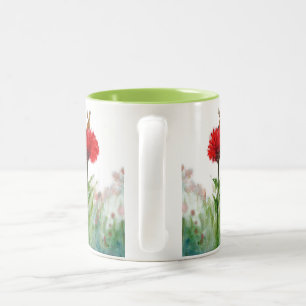 "Irresistible." Bumble Bee drawn to a Red Zinnia. Two-Tone Coffee Mug