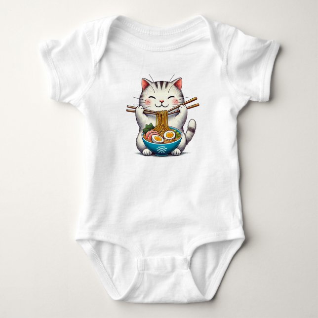 "Irresistible Cuteness: Cat Eating Ramen - T-Shirt Baby Bodysuit (Front)