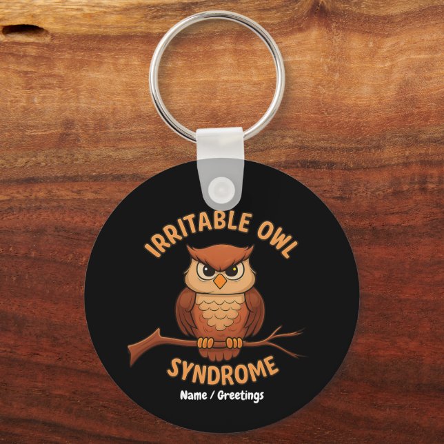 Irritable Owl Syndrome Funny Angry Owl Cartoon Pun Keychain (Front)