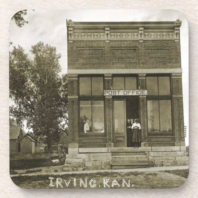 IRVING KANSAS POST OFFICE PHOTO MARSHALL COUNTY KS BEVERAGE COASTER (Front)