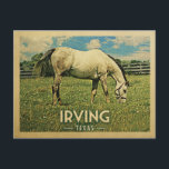 Irving Texas Horse Farm - Vintage Travel Postcard<br><div class="desc">Irving Texas rural vintage travel postcard. It features a white horse grazing on green grass with fence and blue clouds sky above. A fun country farm image with rustic charm.</div>