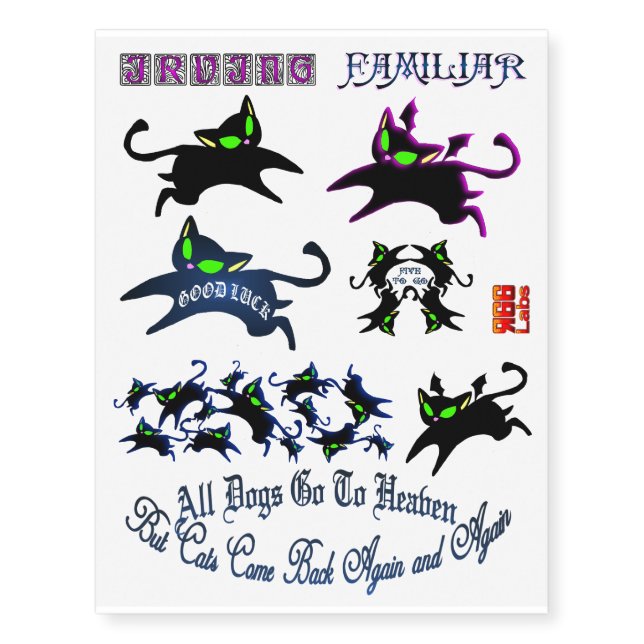 Irving the Black Kitty Multiple Temporary Tattoos (Front)