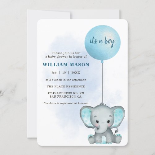 Is a Boy Baby Elephant Blue Balloon Baby Shower Invitation