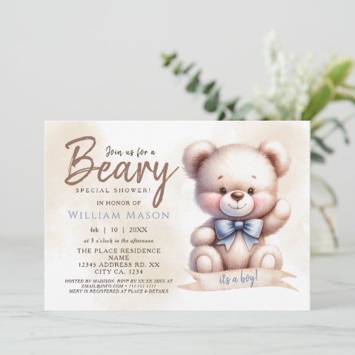 Is a Boy Cute Teddy Bear Baby Shower Watercolor Invitation