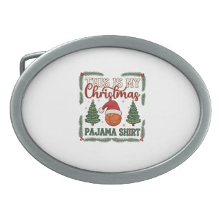 Is Christmas Pajama Basketball Santa Hat Trees Belt Buckle