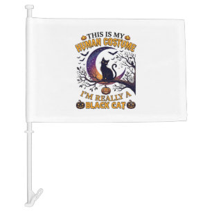 Is Human Costume Black Cat Halloween Moon_1 Car Flag