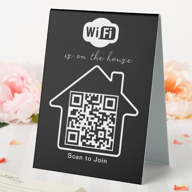 Is On The House | Modern Minimalist WiFi QR Code Table Tent (In SItu (Wedding))