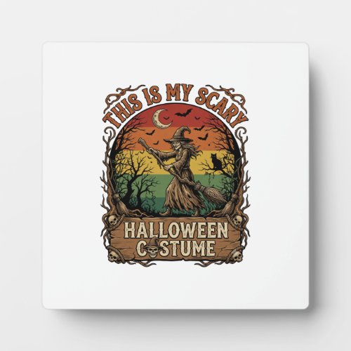 Is Scary Halloween Costume Witch Broom Cat Plaque