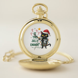 Is This Jolly Enough Black Cat Merry Christmas Tre Pocket Watch
