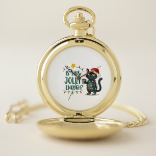 Is This Jolly Enough Black Cat Merry Christmas Tre Pocket Watch