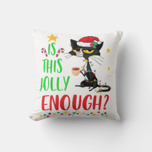 Is This Jolly Enough Black Cat Merry Christmas Tre Throw Pillow