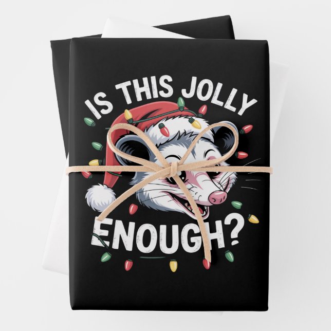 Is This Jolly Enough? Christmas Opossum Sarcastic Wrapping Paper Sheets (In situ)