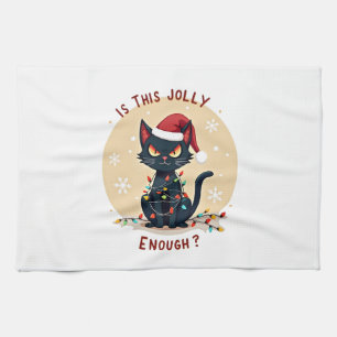 Is This Jolly Enough Funny Black Cat Christmas Tre Kitchen Towel
