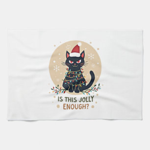 Is This Jolly Enough Funny Black Cat Christmas Tre Kitchen Towel