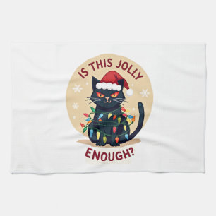 Is This Jolly Enough Funny Black Cat Christmas Tre Kitchen Towel