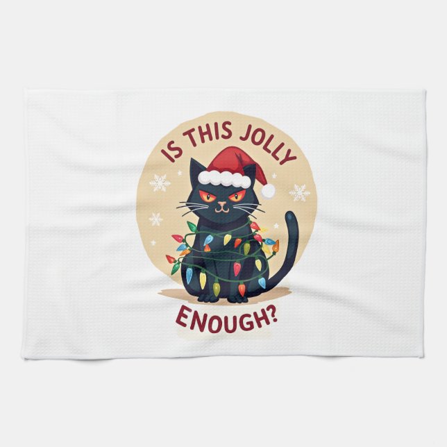 Is This Jolly Enough Funny Black Cat Christmas Tre Kitchen Towel (Horizontal)