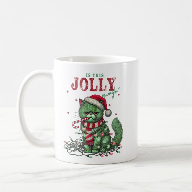 Is This Jolly Enough? Grumpy Holiday Cat Coffee Mug (Left)