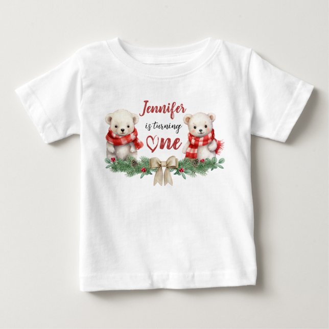 Is Turning One | Bear Christmas 1st Birthday Baby T-Shirt (Front)