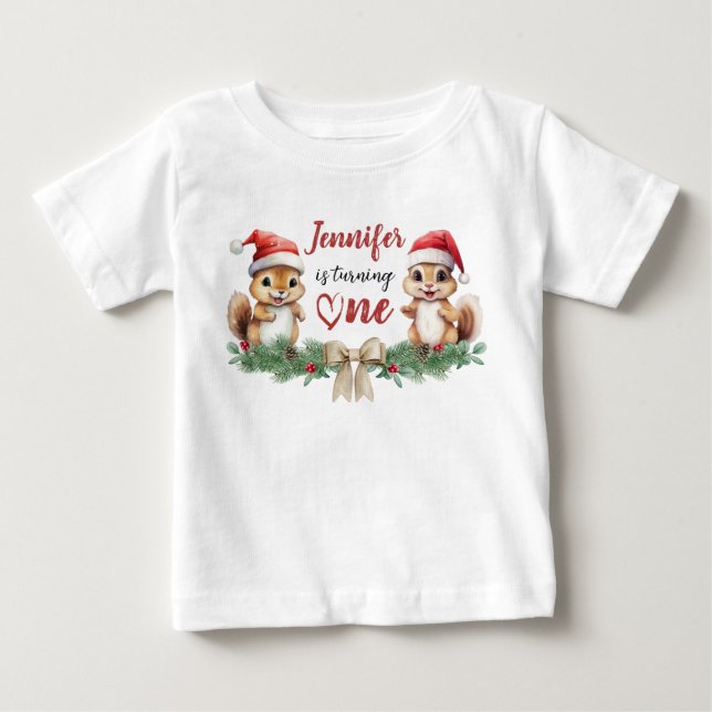 Is Turning One | Squirrel Christmas 1st Birthday Baby T-Shirt (Front)