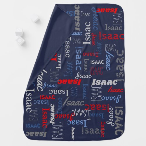 Isaac personalized name red blue gray text baby blanket