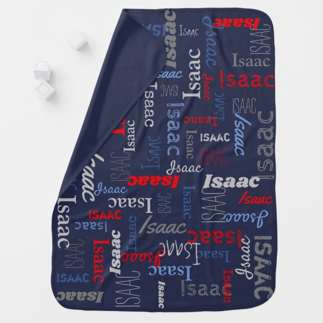 Isaac personalized name red blue gray text baby blanket (In Situ)