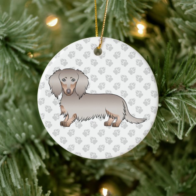 Isabella And Tan Long Hair Dachshund Cartoon Dog Ceramic Ornament (Tree)