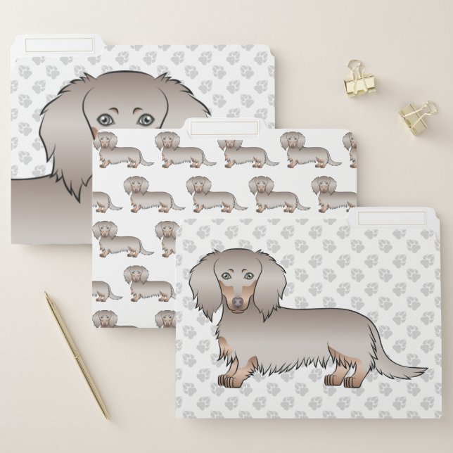 Isabella And Tan Long Hair Dachshund Cartoon Dog File Folder (Set)