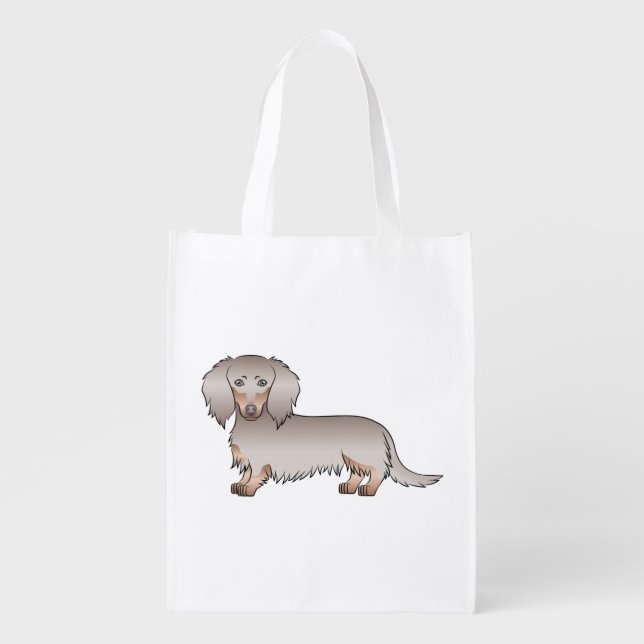 Isabella And Tan Long Hair Dachshund Cartoon Dog Grocery Bag (Front)