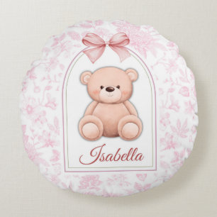 Isabella Custom Pink Teddy Bear Nursery Design Round Pillow