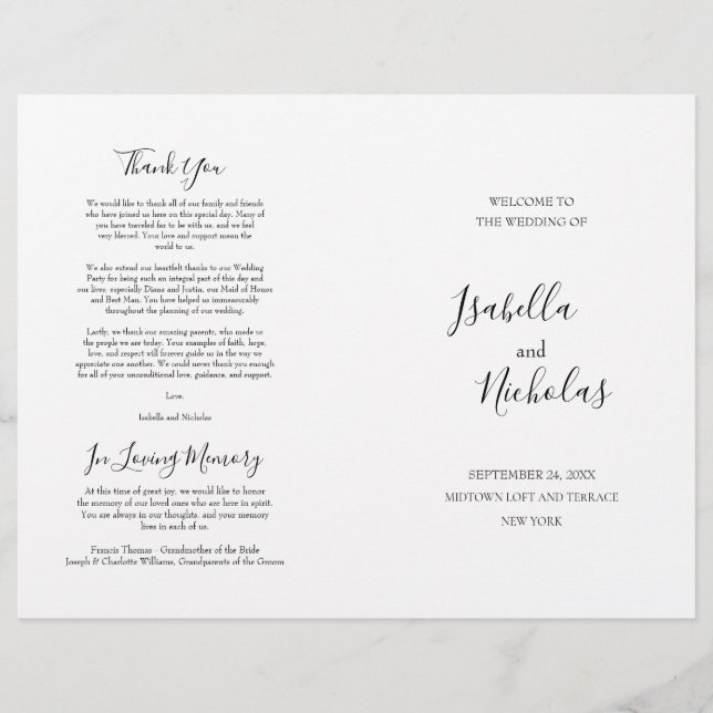 Isabella Elegant Script Folded Wedding Program (Front)