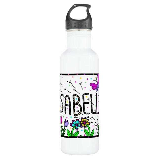 Isabella, Girl's Name Whimsical Art Stainless Steel Water Bottle (Front)