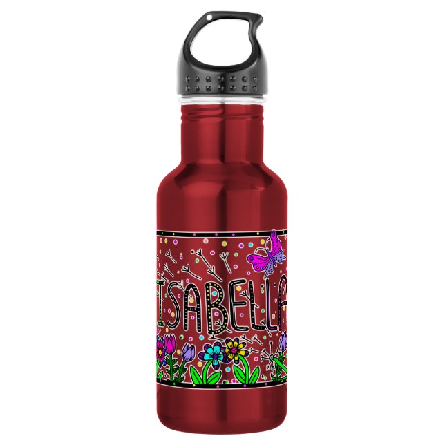 Isabella, Girl's Name Whimsical Art  Stainless Steel Water Bottle (Front)