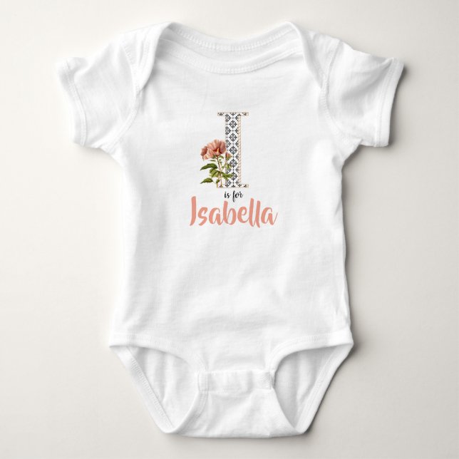 Isabella Name Reveal Floral Letter Girl Whimsical Baby Bodysuit (Front)