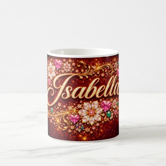 Isabella Pink Heart Emerald Gold Personalized Gift Coffee Mug (Center)