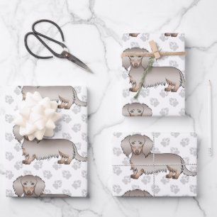 Isabella & Tan Long Hair Dachshund Pattern & Paws Wrapping Paper Sheets