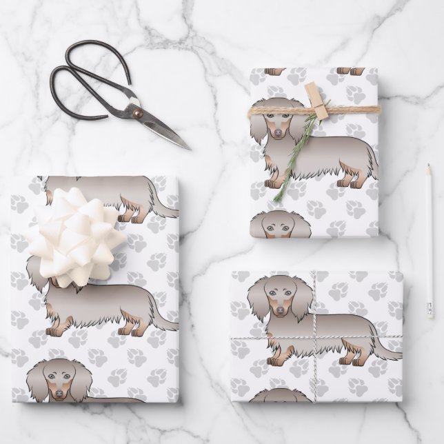 Isabella & Tan Long Hair Dachshund Pattern & Paws Wrapping Paper Sheets (Front)