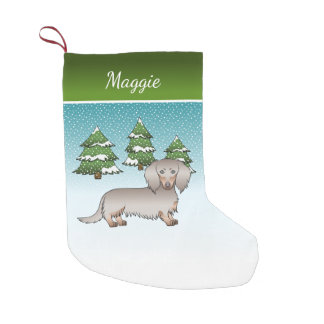 Isabella &amp; Tan Long Hair Dachshund Winter Forest Small Christmas Stocking