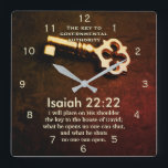Isaiah 22:22 Key to the House of David Bible Verse Square Wall Clock<br><div class="desc">Inspirational quote scripture wall clock features Bible Verse Isaiah 22:22; "I will place on his shoulder the key to the house of David; what he opens no one can shut,  and what he shuts no one can open." *</div>