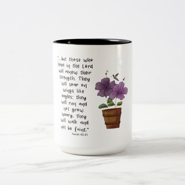Isaiah 4031 Scripture with Purple Hibiscus Two-Tone Coffee Mug (Center)
