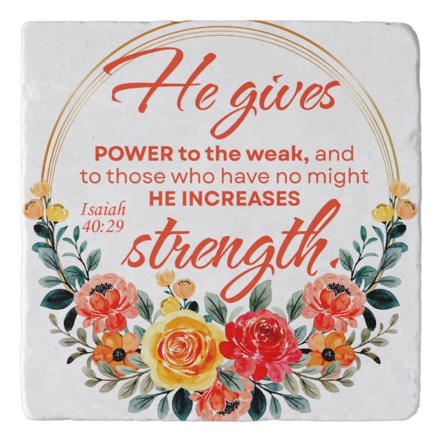 Isaiah 40:29 He gives power Red Floral Scripture Trivet (Front)