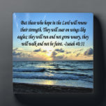 ISAIAH 40:31 BIBLE VERSE PLAQUE<br><div class="desc">Shout out your faith, hope and love for God trusting in God with our beautiful Isaiah 40:31 sunrise over the ocean photo from www.zazzle.com/myheavenlyblessings. “But those who hope in the LORD will renew their strength. They will soar on wings like eagles; they will run and not grow weary, they will...</div>