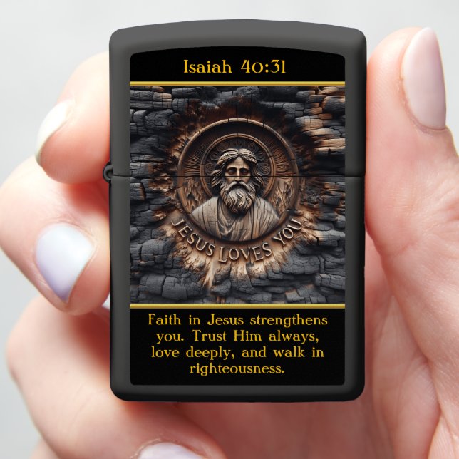 Isaiah 40:31 Carved Message of Love on Burnt Wood Zippo Lighter (In Hand)