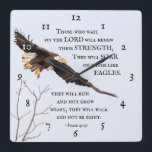 Isaiah 40:31 Those who wait on the Lord, Bible Square Wall Clock<br><div class="desc">Scripture inspirational quote wall clock depicts a flying eagle and features Bible Verse Isaiah 40:31, "Those who wait on the Lord will renew their strength.They will soar on wings like eagles; they will run and not grow weary, they will walk and not be faint."_</div>