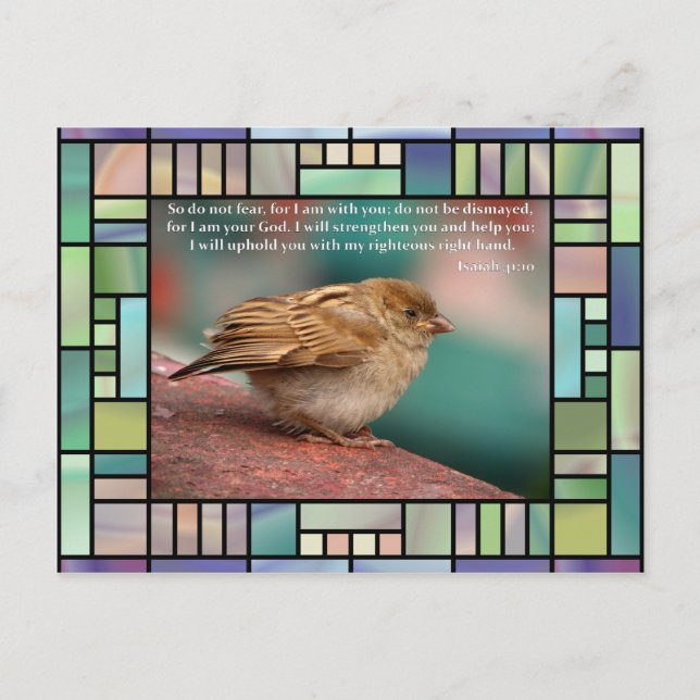 Isaiah 41:10 Bible Verse With Bird Stained Glass Postcard (Front)