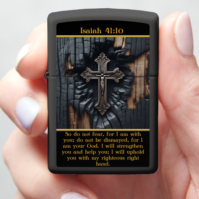 Isaiah 41:10 Burnt Wood Featuring a Carved Cross Zippo Lighter (In Hand)