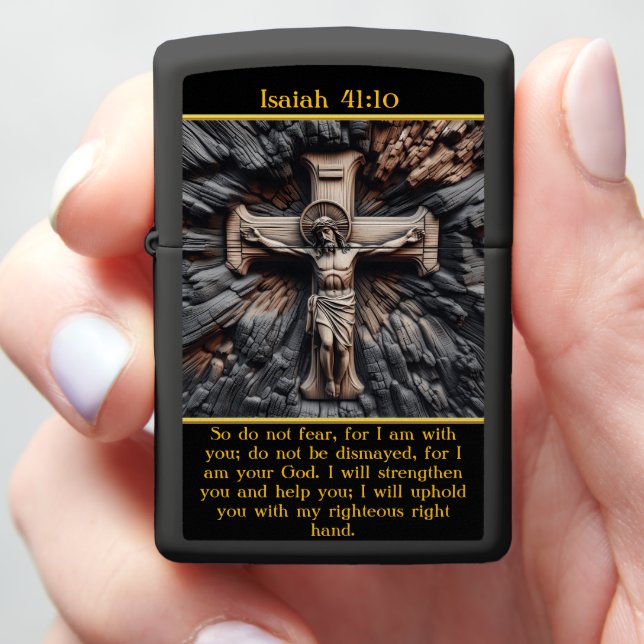 Isaiah 41:10 Carved Jesus Cross  Zippo Lighter (In Hand)