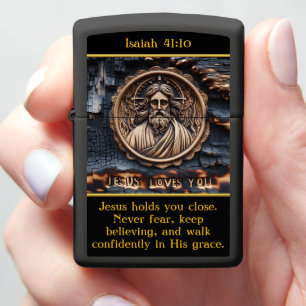 Isaiah 41:10 Carved Jesus in Burnt Wood Zippo Lighter